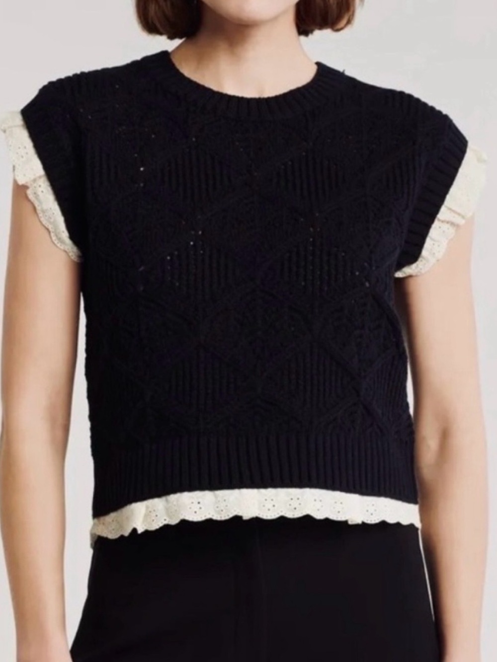 Elie Tahari Black Knit Cropped Sweater Vest Shell with Cream Eyelet Trim